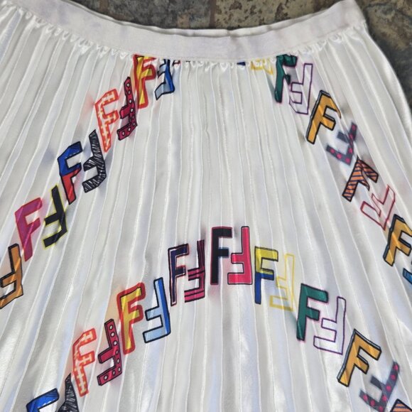 Unbranded White Knife Pleat Midi Skirt Elastic Waist Colorful Repeating Pattern - Picture 2 of 8